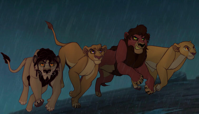 Mbali, Vitani, Kovu, and Kiara running to stop the battle